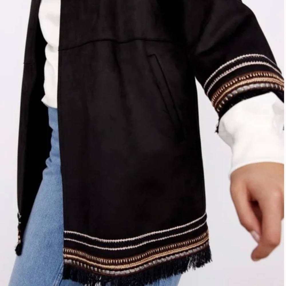 ZARA NWT Faux Suede Fringe Embroidered Open Front Jacket Boho Western XXL - Picture 4 of 13